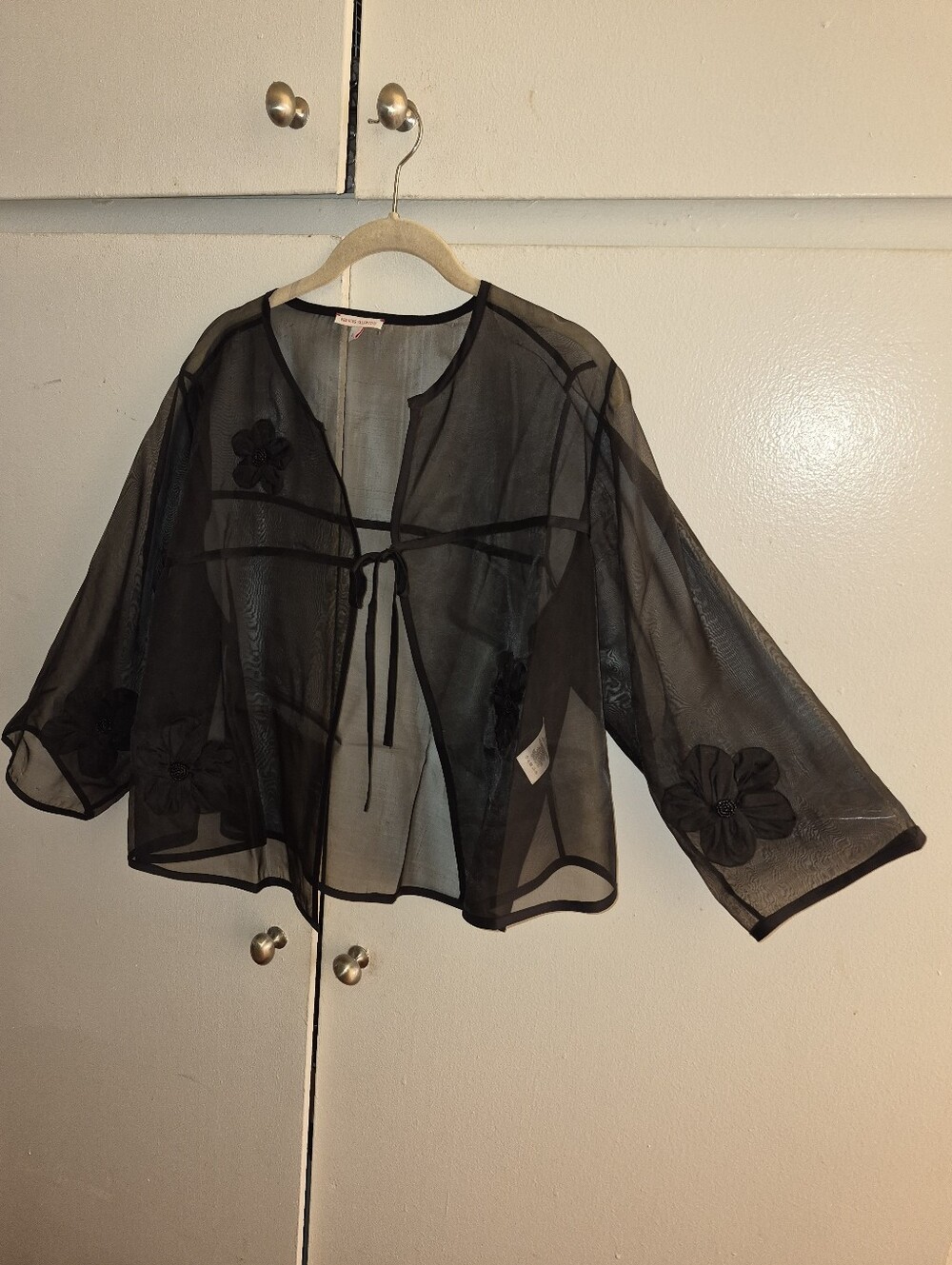 Frances Valentine sheer Black Tie-Front Floral Applique Jacket